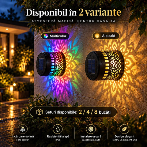 Lămpi solare decorative de perete cu proiecție Mandala, alb cald sau multicolor, IP65 – Set 2, 4 sau 8 bucăți