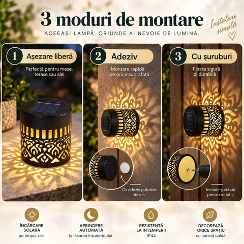 Lămpi solare decorative de perete cu proiecție Mandala, alb cald sau multicolor, IP65 – Set 2, 4 sau 8 bucăți