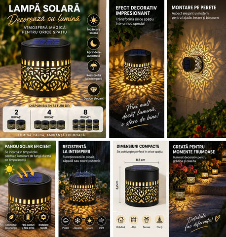 Lămpi solare decorative de perete cu proiecție Mandala, alb cald sau multicolor, IP65 – Set 2, 4 sau 8 bucăți