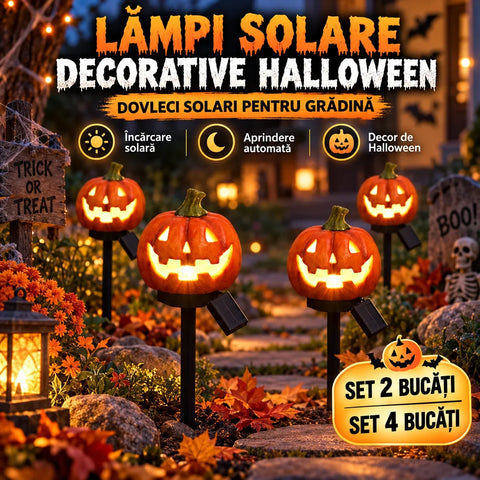 Lămpi Solare Halloween Dovleac pentru Grădină – Set 2 sau 4 Bucăți, Decor Curte și Alei