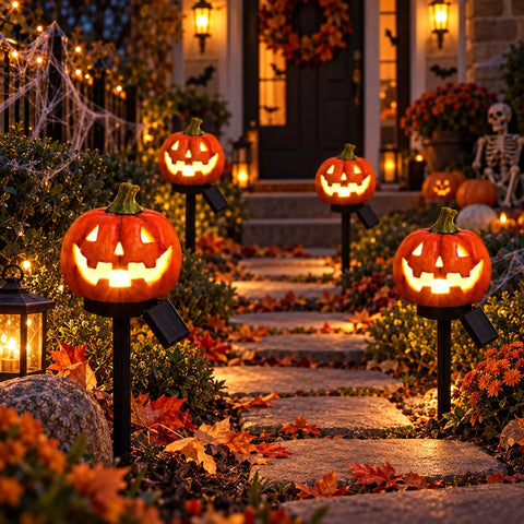 Lămpi Solare Halloween Dovleac pentru Grădină – Set 2 sau 4 Bucăți, Decor Curte și Alei