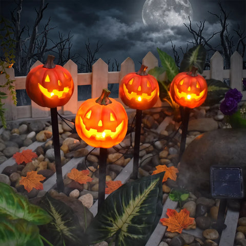 Lămpi Solare Halloween Dovleac pentru Grădină – Set 2 sau 4 Bucăți, Decor Curte și Alei
