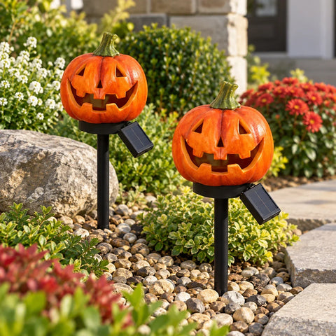 Lămpi Solare Halloween Dovleac pentru Grădină – Set 2 sau 4 Bucăți, Decor Curte și Alei
