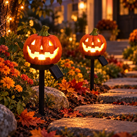 Lămpi Solare Halloween Dovleac pentru Grădină – Set 2 sau 4 Bucăți, Decor Curte și Alei