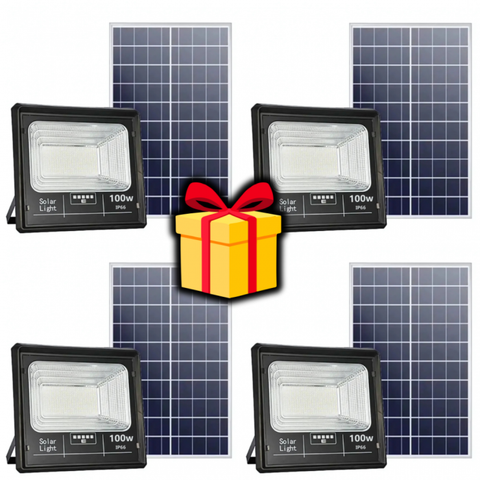 Pachet 4 x Proiector Solar Jortan 100W , IP66 , Indicator Baterie , Telecomanda , 6500k + cadou surpriza
