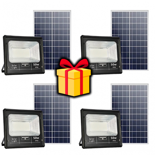 Pachet 4 x Proiector Solar Jortan 50W , IP66 , Indicator Baterie , Telecomanda , 6500k + Cadou Surpriza