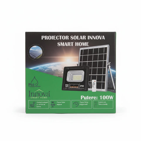 Proiector Solar Innova 100W , IP66 , Indicator Batarie , Telecomanda , 6500k , 3 Ani Garantie