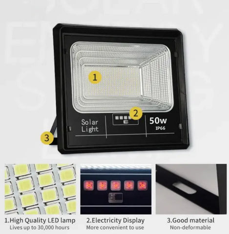 Black Friday - Proiector Solar Jortan 50W , IP66 , Indicator Batarie , Telecomanda , 6500k