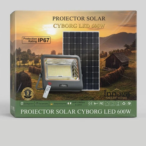 Proiector Solar LED 600W Innova Smart Home Cyborg, IP67, Panou Solar 35x29 cm și Telecomandă