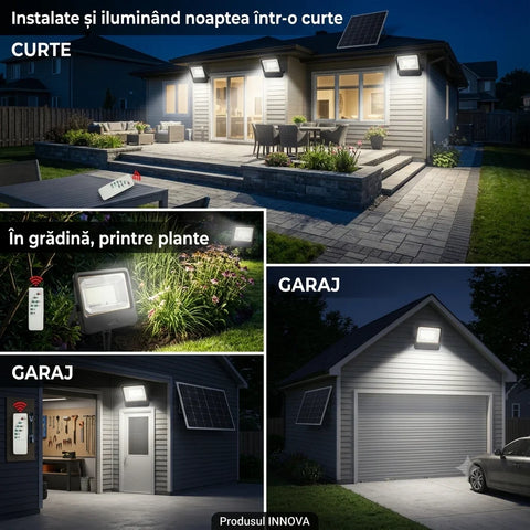 Proiector Solar LED 800W Innova Smart Home Cyborg, IP67, Panou Solar 35x35 cm și Telecomandă