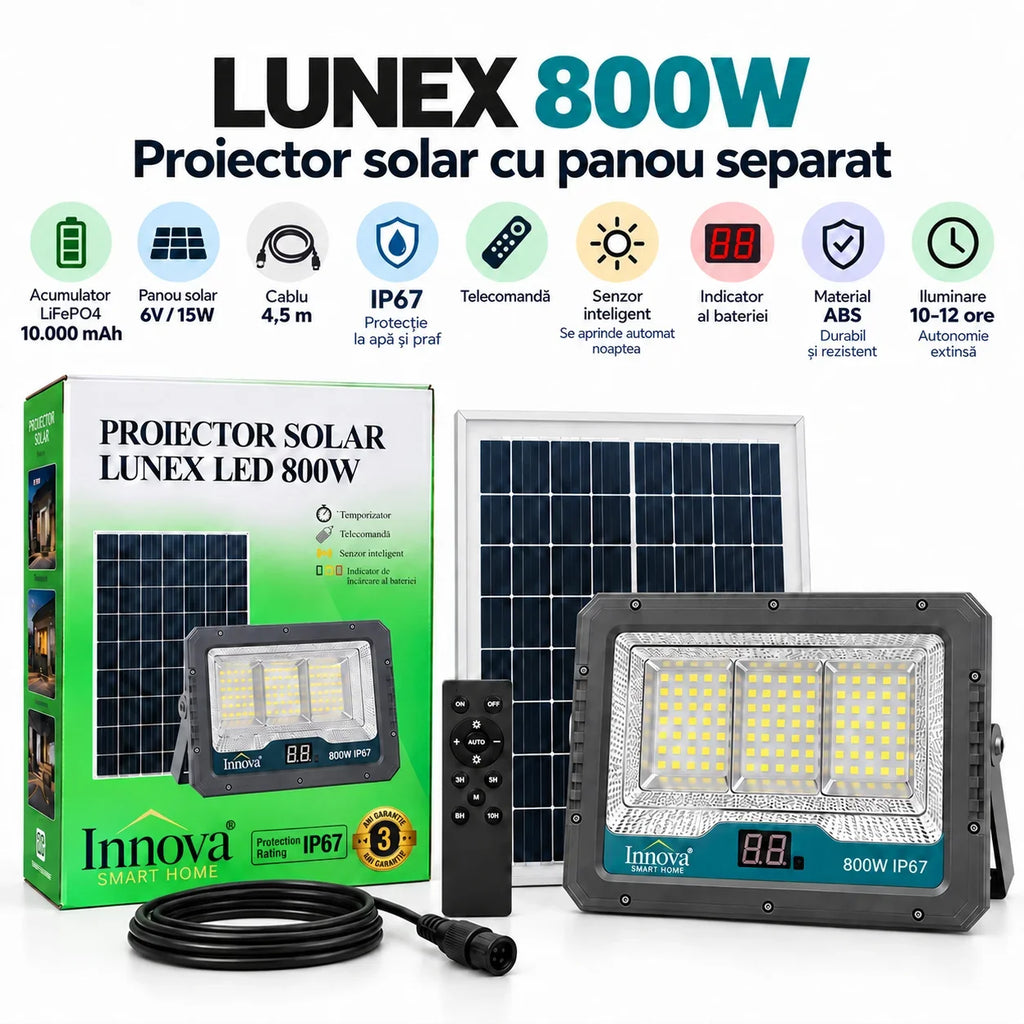 Proiector solar LED Innova Lunex 800W, acumulator 10.000 mAh, panou separat, telecomandă, senzor de lumină, IP67, cablu 4,5 m
