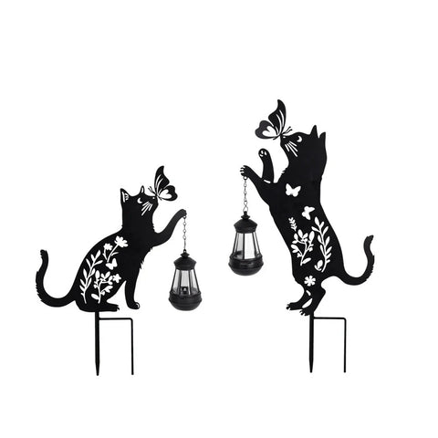 Set 2 Decoratiuni Solare de Gradina, Model Pisica Neagra cu Felinar LED si Fluture, din Metal
