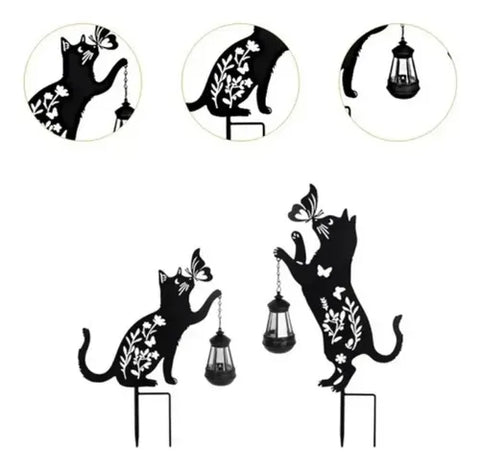Set 2 Decoratiuni Solare de Gradina, Model Pisica Neagra cu Felinar LED si Fluture, din Metal