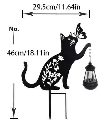Set 2 Decoratiuni Solare de Gradina, Model Pisica Neagra cu Felinar LED si Fluture, din Metal