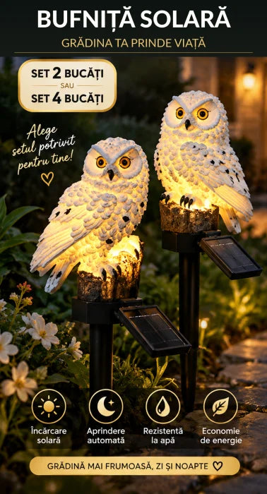Set 2 Lămpi Solare Bufniță Albă pentru Grădină, Lumină Caldă, Țăruș 45 cm