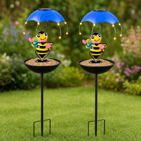 Set 2 Lămpi Solare Decorative cu Hrănitoare pentru Păsări, Model Albinuță sau Broscuță, pentru Grădină