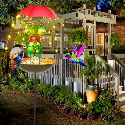 Set 2 Lămpi Solare Decorative cu Hrănitoare pentru Păsări, Model Albinuță sau Broscuță, pentru Grădină