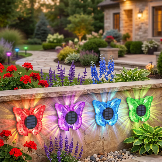 Set 2 Lămpi Solare LED Fluture RGB, Montaj pe Perete sau în Sol, IP65, 5W, 37 cm, 4 Culori