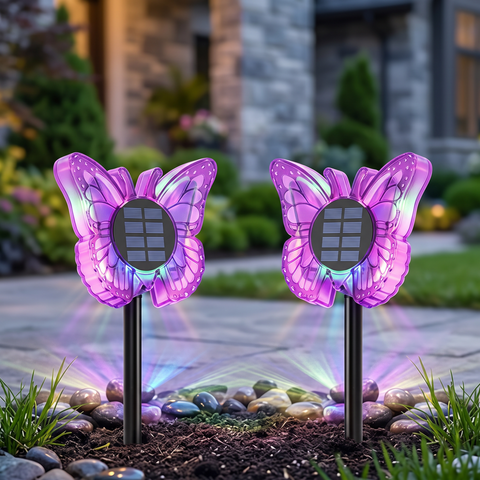 Set 2 Lămpi Solare LED Fluture RGB, Montaj pe Perete sau în Sol, IP65, 5W, 37 cm, 4 Culori