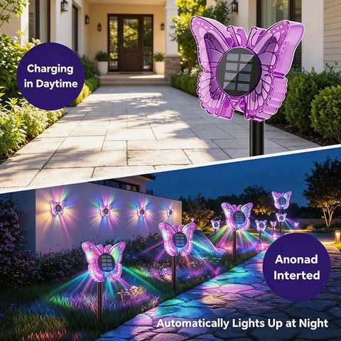 Set 2 Lămpi Solare LED Fluture RGB, Montaj pe Perete sau în Sol, IP65, 5W, 37 cm, 4 Culori