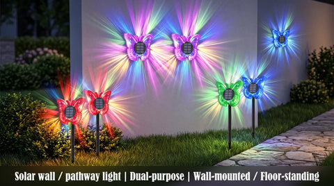 Set 2 Lămpi Solare LED Fluture RGB, Montaj pe Perete sau în Sol, IP65, 5W, 37 cm, 4 Culori