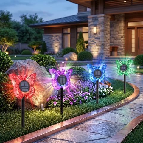 Set 2 Lămpi Solare LED Fluture RGB, Montaj pe Perete sau în Sol, IP65, 5W, 37 cm, 4 Culori