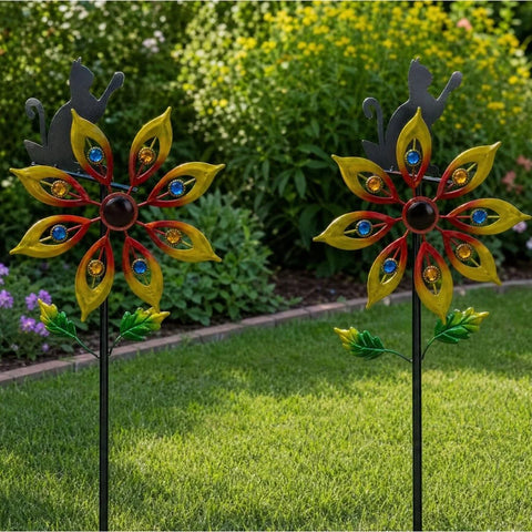 Set 2 Moristi de Vant Decorative pentru Gradina cu Pisicuta, Metalice, 119 cm, Ornament pentru Curte si Flori