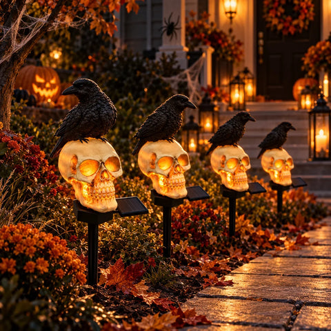 Set 2 sau 4 Lămpi Solare Halloween cu Craniu și Cioară, Decorațiuni pentru Grădină și Curte
