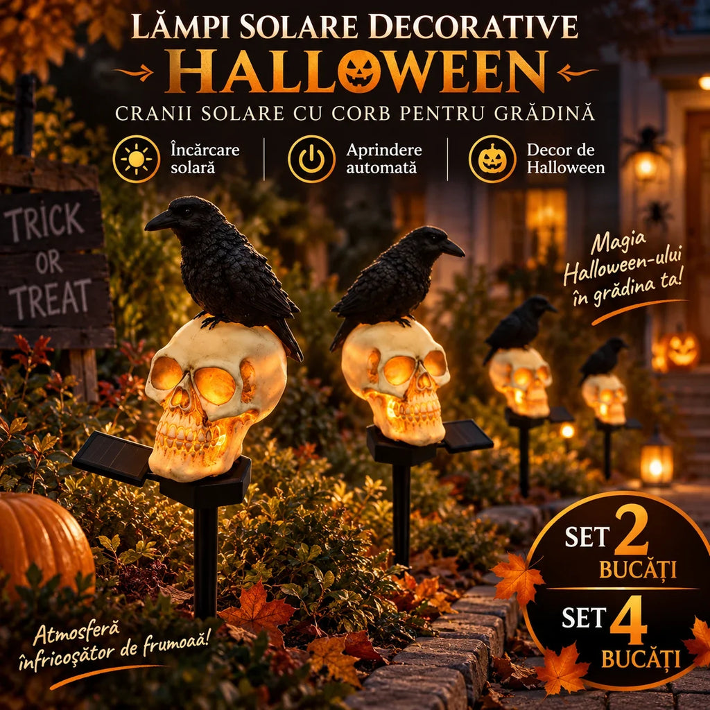 Set 2 sau 4 Lămpi Solare Halloween cu Craniu și Cioară, Decorațiuni pentru Grădină și Curte