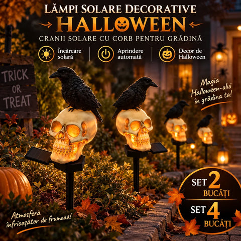 Set 2 sau 4 Lămpi Solare Halloween cu Craniu și Cioară, Decorațiuni pentru Grădină și Curte