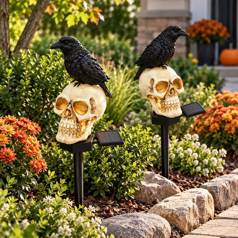 Set 2 sau 4 Lămpi Solare Halloween cu Craniu și Cioară, Decorațiuni pentru Grădină și Curte