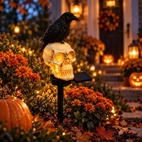 Set 2 sau 4 Lămpi Solare Halloween cu Craniu și Cioară, Decorațiuni pentru Grădină și Curte