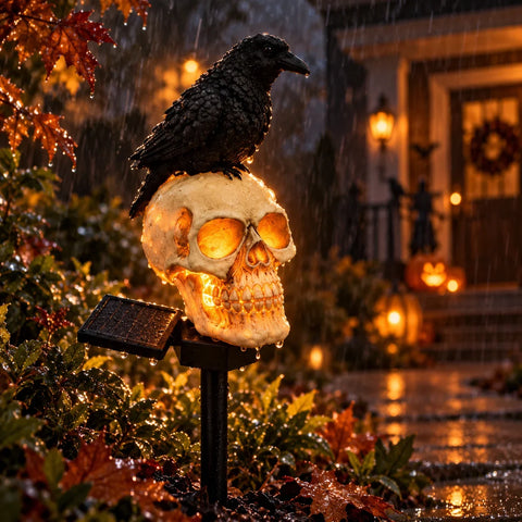 Set 2 sau 4 Lămpi Solare Halloween cu Craniu și Cioară, Decorațiuni pentru Grădină și Curte