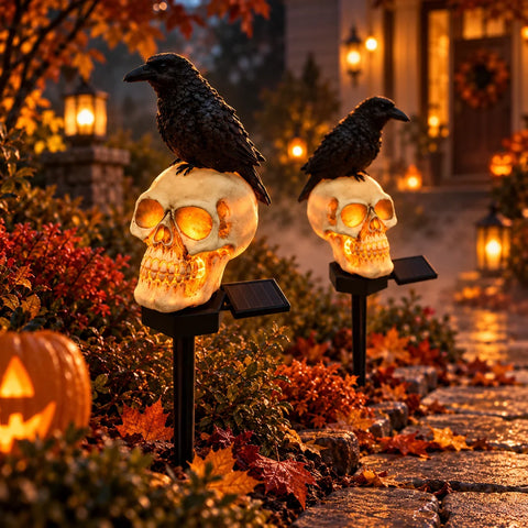 Set 2 sau 4 Lămpi Solare Halloween cu Craniu și Cioară, Decorațiuni pentru Grădină și Curte