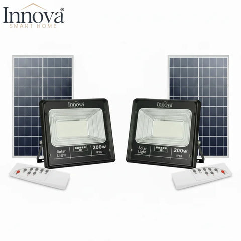 Set 2 x Proiector LED INNOVA 200W Cu Panou Solar si telecomanda, IP66 + Cadou Surpriza