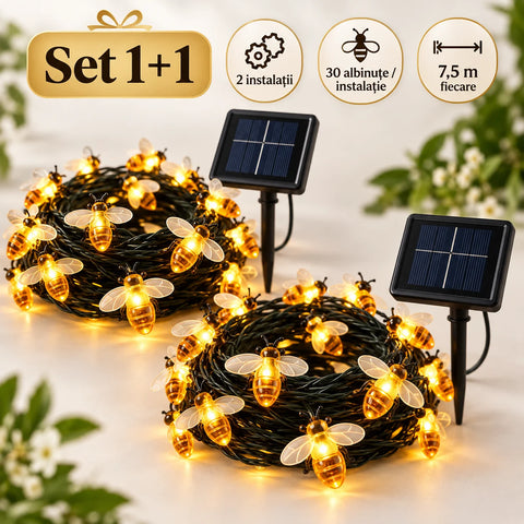 Set 2x Instalatie Solara Decorativa Albine cu LED – 30 Albine Luminoase , Lumina Cald