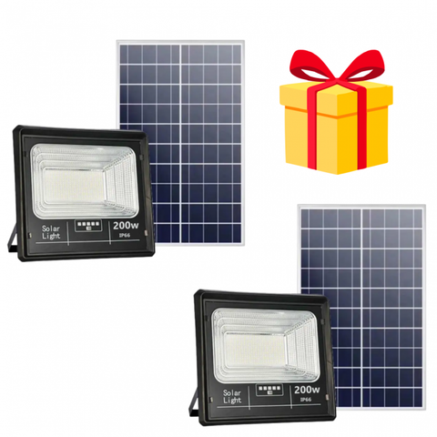 Set 2x Proiector LED Jortan cu panou solar 200w si telecomanda, IP66 + Cadou Surpriza