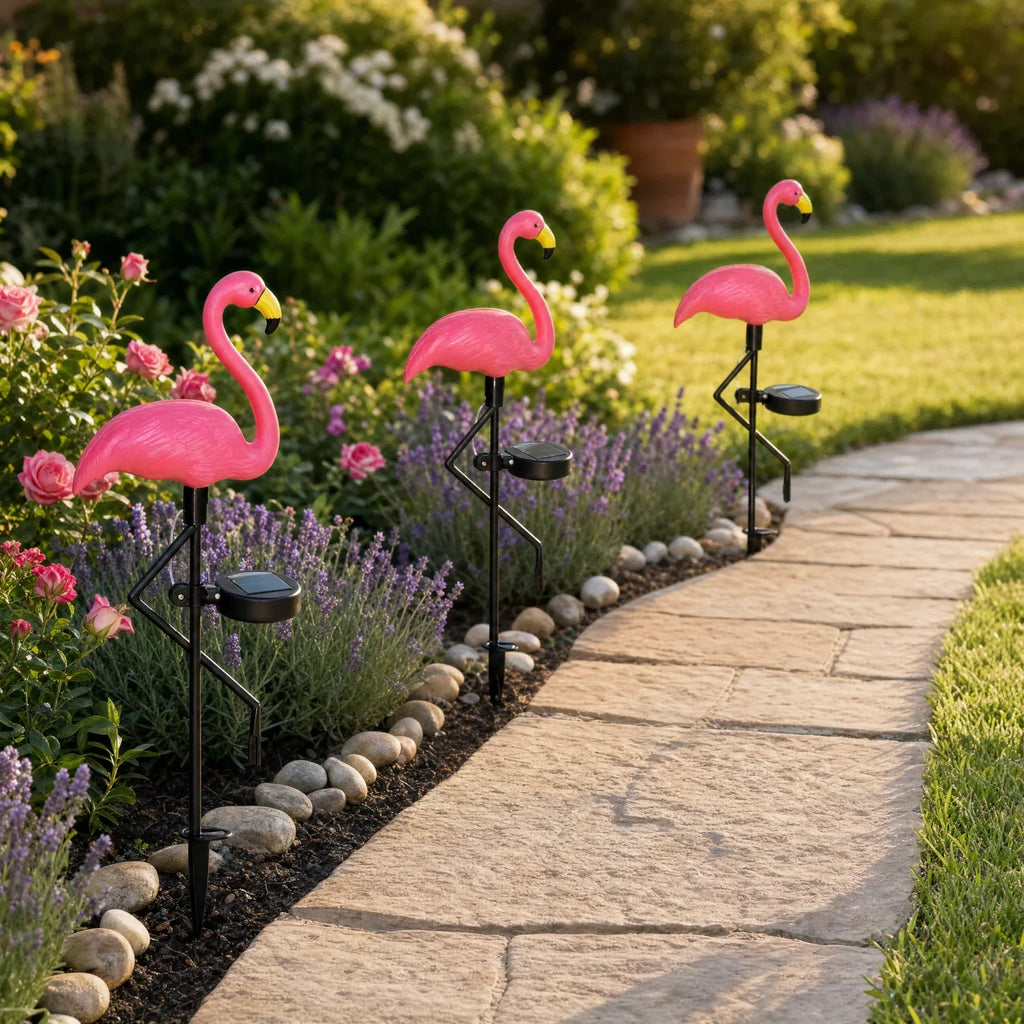 Set 3 Lămpi Solare LED Flamingo Roz cu Cioc Galben, Model Nou, 53 cm, Lumină Caldă, IP65, Decorațiuni pentru Grădină