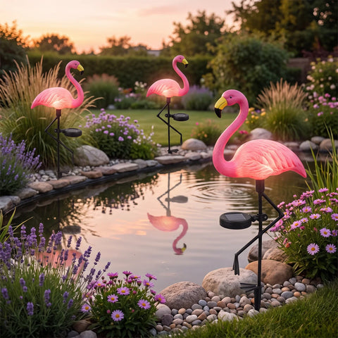 Set 3 Lămpi Solare LED Flamingo Roz cu Cioc Galben, Model Nou, 53 cm, Lumină Caldă, IP65, Decorațiuni pentru Grădină
