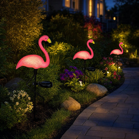 Set 3 Lămpi Solare LED Flamingo Roz cu Cioc Galben, Model Nou, 53 cm, Lumină Caldă, IP65, Decorațiuni pentru Grădină