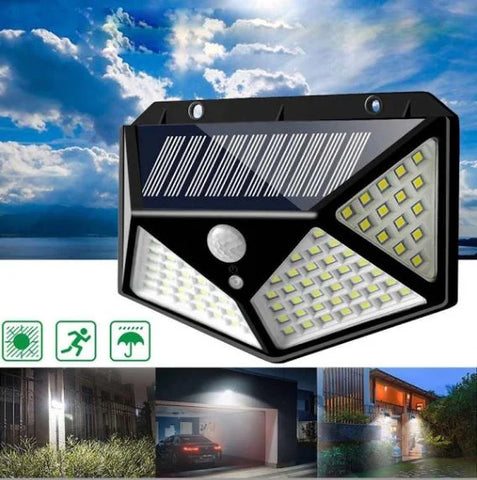 Set 4 x Lampa 100 LED cu panou solar, senzor de miscare +CADOU Lanterna profesionala de cap reglabila cu 5 LED