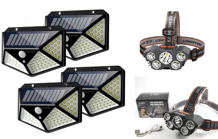 Set 4 x Lampa 100 LED cu panou solar, senzor de miscare +CADOU Lanterna profesionala de cap reglabila cu 5 LED