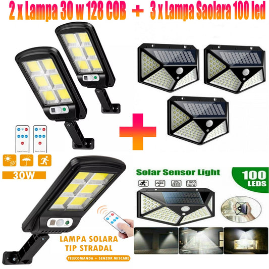 SET 2 X Lampa Solara cu LED, 128 COB + SET 3 x Lampa Solara 100 LED