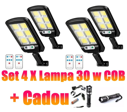 SET 4 X Lampa solara 160 led COB cu telecomanda + Lanterna Profesionala Swat