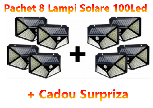 Set 8 x Lampa cu Incarcare Solare, Senzor de Miscare, 3 Moduri de Iluminare, 100 LED, Prindere pe Perete