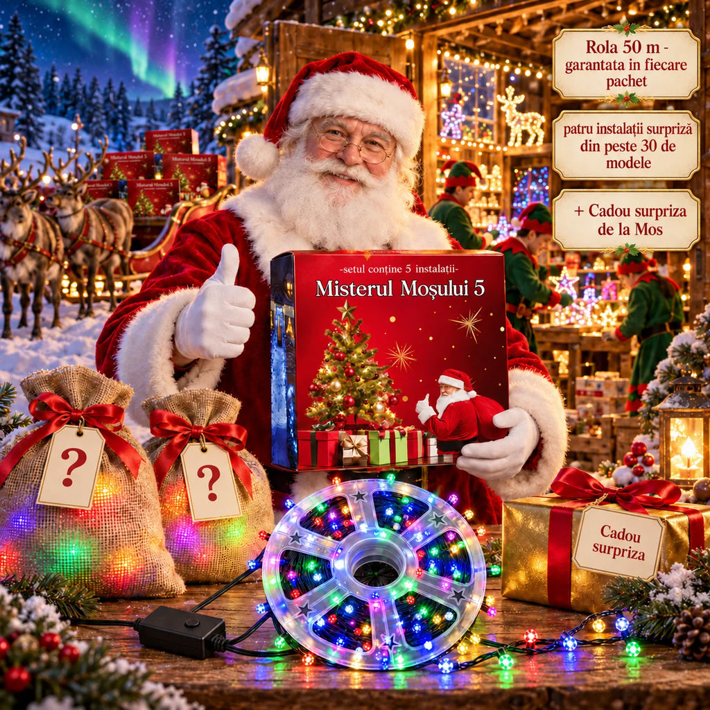 Set Misterul Mosului 5 Instalații Luminoase alese Special de Moș Crăciun pentru Tine + Cadou Secret
