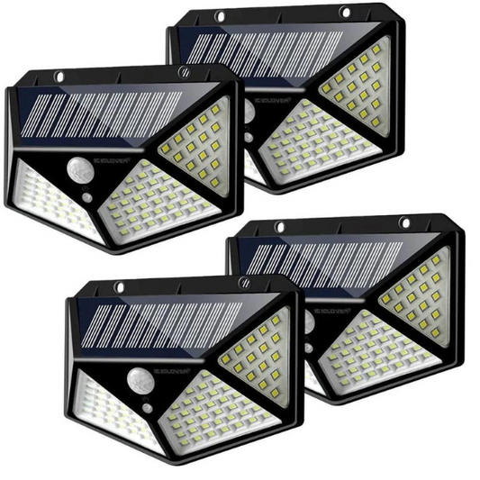 Set 4 x Lampă 100 LED cu panou solar, senzor de mișcare +CADOU Lanternă profesională de cap reglabiă, cu triplu LED